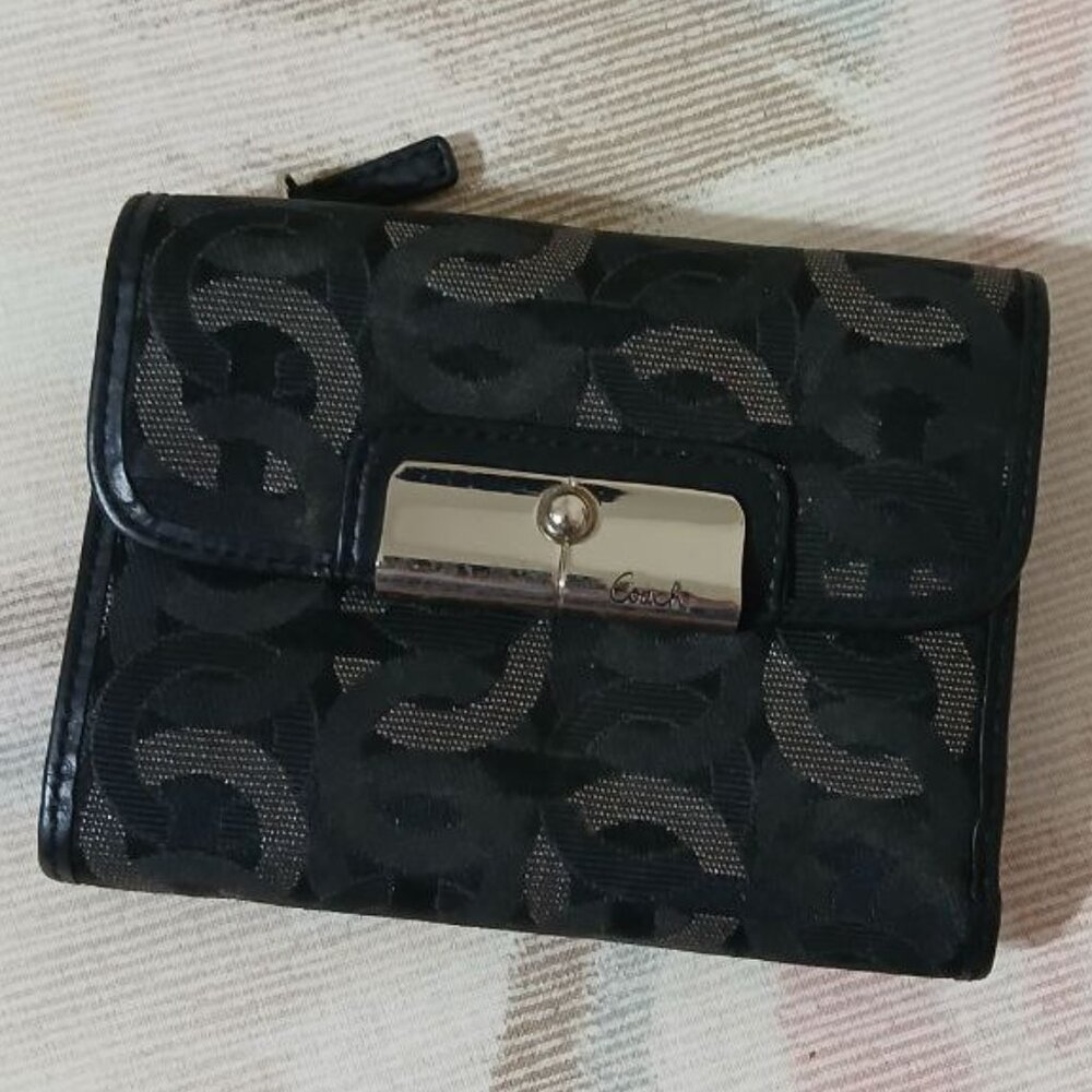 Coach Black Signature Canvas and Leather Wallet with Silver Clasp
